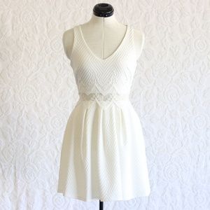 Sequin Hearts White Zippered Textured Lace Waist Skater Sleeveless V Neck